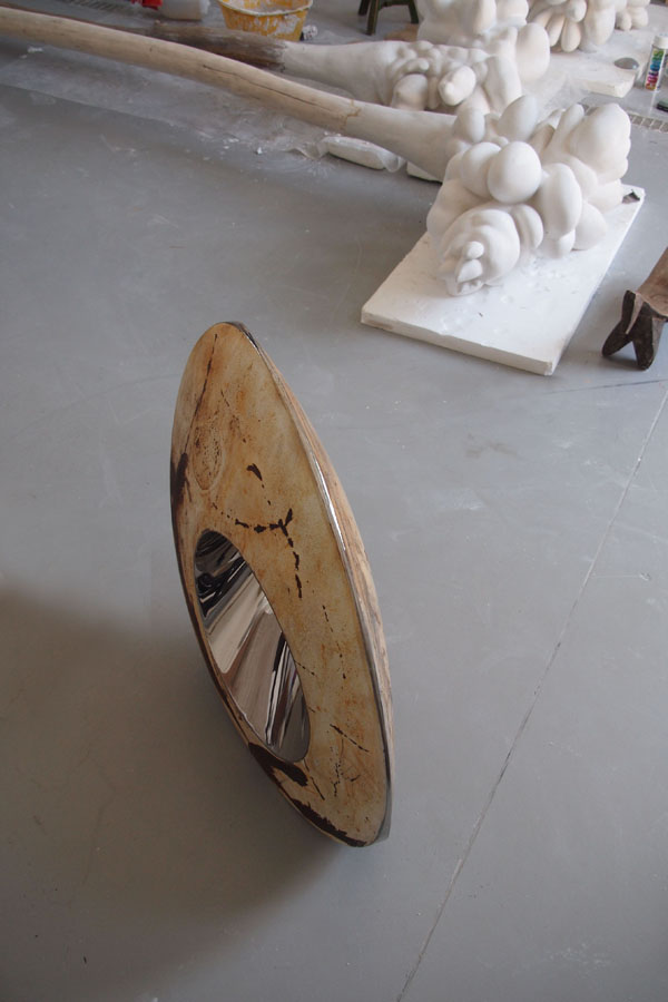 Prasto, Rusted egg form with hole©, 2010; Rusted iron, stainless steel, lead, 70x50x30 cm