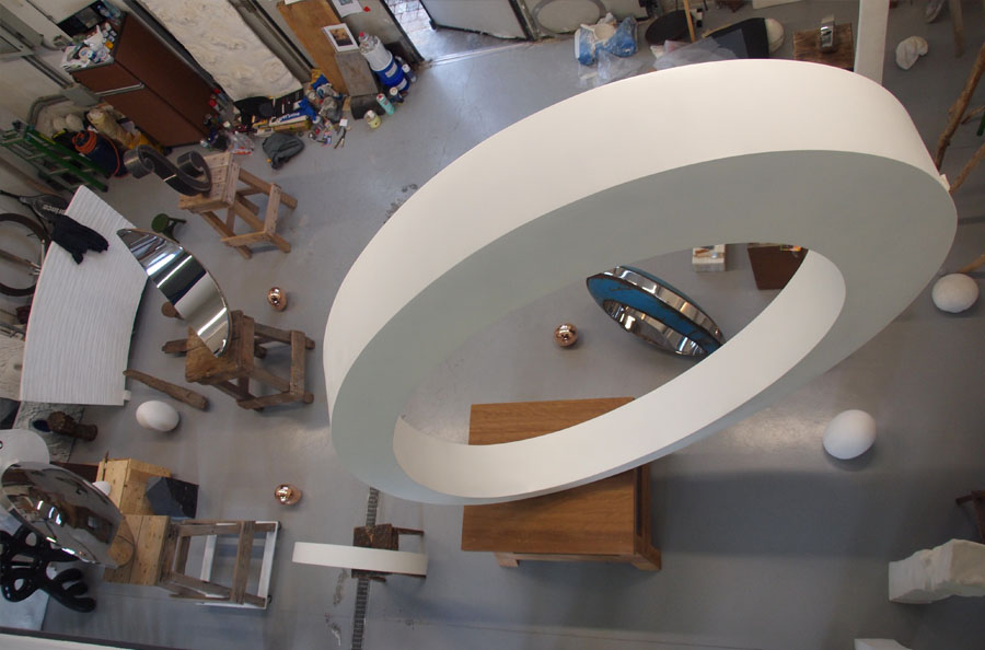 Prasto, Big white egg form sculpture©, 2011; Iron, car paint, lead, 300x200x30 cm